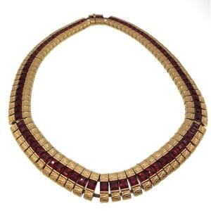 Ciner Signed Red Square Rhinestones Collar Necklace 16”